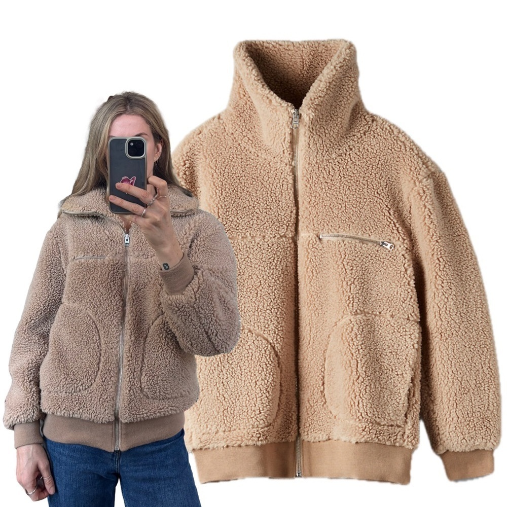 Wilfred Aritzia Oversized The Teddy Camel Tan Sherpa Pockets Zip Jacket Sweater